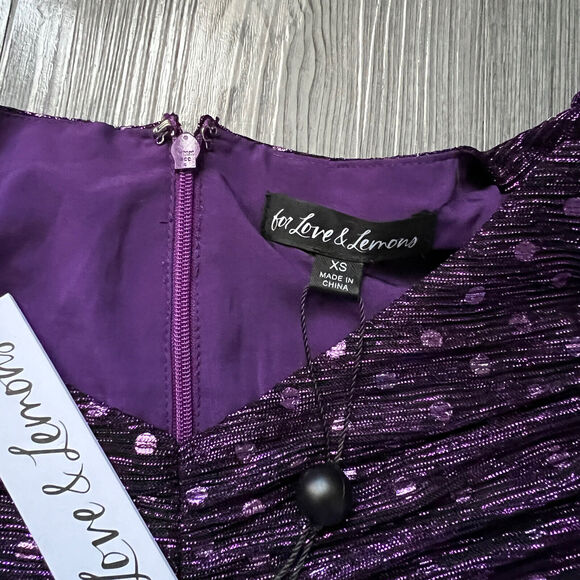 For Love And Lemons Dress Extra Small La Villette Polkadot Mini Ruched Purple - Picture 3 of 14